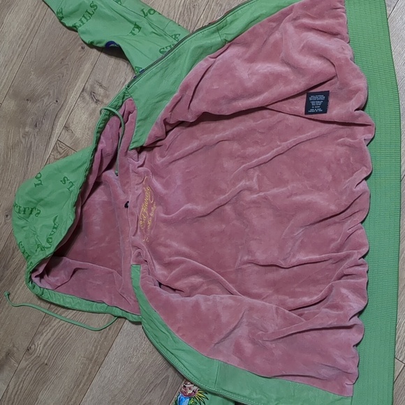 Ed Hardy by Christian Audigier Green Pink Leather Jacket hoodie Women's Medium - Picture 12 of 13
